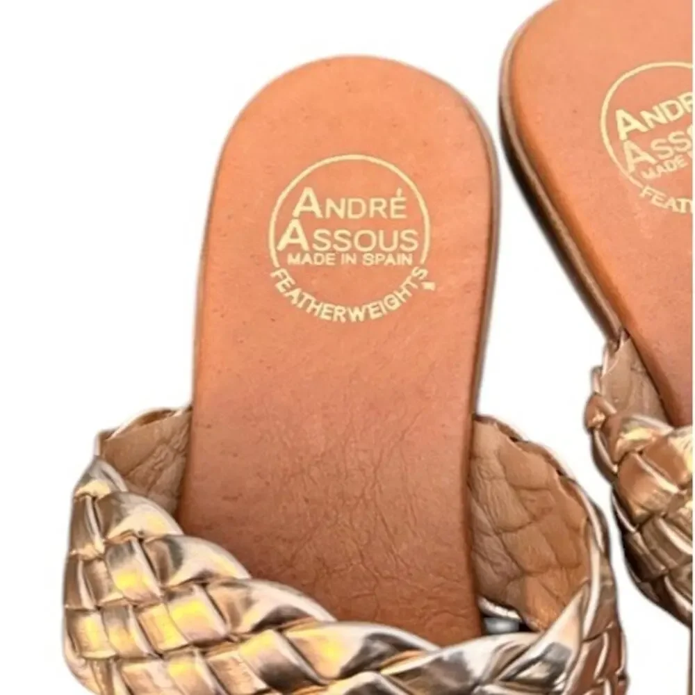 Andre Assous Naria Gold Woven Leather Slides Sz 10 Made Spain NWT $129